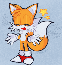 Size: 2048x2130 | Tagged: safe, artist:clydestrophy, miles "tails" prower, cute, eyes closed, grey background, hands out, mouth open, simple background, smile, solo, standing, star (symbol)