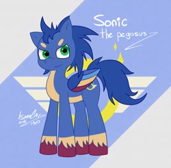 Size: 1680x1656 | Tagged: safe, artist:ismacat1510, sonic the hedgehog, 2023, character name, crossover, looking at viewer, my little pony, pegasus, ponified, pony, signature, smile, solo, species swap