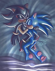Size: 1583x2048 | Tagged: safe, artist:sunnysundaeart, shadow the hedgehog, sonic the hedgehog, 2024, barefoot, bed, blushing, blushing ears, duo, gay, gloves off, holding each other, lying down, pawpads, paws, shadow x sonic, shipping, signature, snuggling