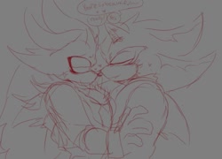 Size: 1035x746 | Tagged: safe, artist:mooodoodles, shadow the hedgehog, silver the hedgehog, 2024, blushing, dialogue, duo, english text, gay, grey background, heart, holding each other, lidded eyes, line art, looking at each other, noses are touching, shadow x silver, shipping, simple background, sketch, speech bubble