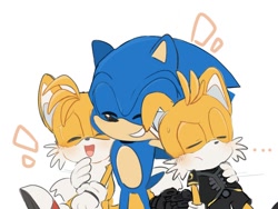 Size: 1080x810 | Tagged: safe, artist:melida56345744, miles "tails" prower, nine, sonic the hedgehog, sonic prime, ..., 2024, arm around shoulders, blushing, cute, eyes closed, floppy ear, frown, self paradox, simple background, smile, sonic prime s3, sweatdrop, tailabetes, trio, white background
