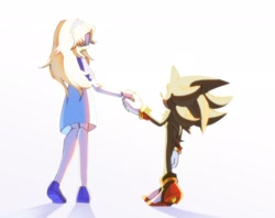 Size: 2048x1625 | Tagged: safe, artist:kuteun0, maria robotnik, shadow the hedgehog, human, 2024, duo, holding each other, looking at each other, simple background, standing, white background