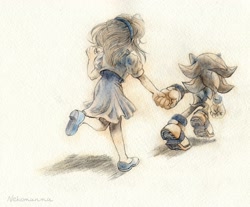 Size: 2036x1689 | Tagged: safe, artist:nekosoul_kobo, maria robotnik, shadow the hedgehog, human, 2024, duo, holding hands, running, traditional media