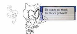 Size: 673x296 | Tagged: safe, artist:cap10ravioli, amy rose, blaze the cat, 2023, amy x blaze, dialogue, duo, english text, lesbian, looking offscreen, reference inset, shipping, simple background, sonic rush, white background