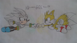Size: 4608x2592 | Tagged: safe, artist:kenji195, miles "tails" prower, silver the hedgehog, 2021, clenched fist, clenched fists, clenched teeth, fight, looking at each other, mid-air, signature, traditional media
