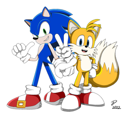 Size: 1349x1249 | Tagged: safe, artist:jparts03, miles "tails" prower, sonic the hedgehog, 2022, duo, hand on hip, looking at viewer, mouth open, simple background, smile, standing, v sign, white background