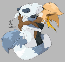 Size: 1280x1224 | Tagged: suggestive, artist:ridleynemrick, tangle the lemur, whisper the wolf, 2022, crying, duo, eyes closed, floppy ears, french kiss, grey background, holding each other, kiss, lesbian, shipping, signature, simple background, standing, tangle x whisper, tears, tears of happiness, topless, wrapped in tail