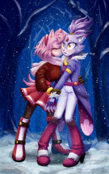 Size: 806x1280 | Tagged: safe, artist:lirachaos, amy rose, blaze the cat, 2022, alternate outfit, amy x blaze, blushing, blushing ears, clothes, duo, holding them, kiss on cheek, lesbian, outdoors, shipping, snow, snowing, standing, surprised, tree, wagging tail, winter outfit
