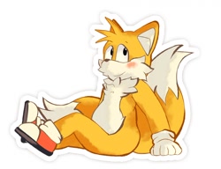 Size: 1280x983 | Tagged: safe, artist:snowhip, miles "tails" prower, 2019, blushing, looking up, outline, simple background, sitting, smile, solo, white background