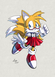 Size: 1500x2121 | Tagged: safe, artist:moondancer0x, miles "tails" prower, 2022, clothes, gender swap, glasses, grey background, looking at viewer, shirt, simple background, skirt, smile, solo