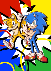 Size: 725x1012 | Tagged: safe, artist:wildraccoon234, miles "tails" prower, sonic the hedgehog, 2020, abstract background, duo, looking at viewer, smile, wink