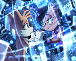 Size: 1600x1280 | Tagged: safe, artist:glitcher, miles "tails" prower, nicole the hololynx, holding hands, hologram screen, shipping, straight, tailicole