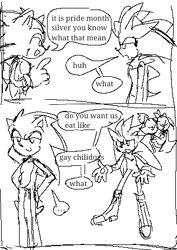 Size: 316x446 | Tagged: safe, artist:bombchan, amy rose, blaze the cat, silver the hedgehog, sonic the hedgehog, amy x blaze, border, dialogue, english text, eyes closed, group, it's pride month do you know what that means, kiss, lesbian, lidded eyes, line art, meme, shipping, simple background, sketch, smile, speech bubble, white background