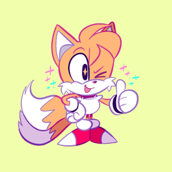 Size: 700x700 | Tagged: safe, artist:frogletcomics, miles "tails" prower, chibi, cute, hand on hip, looking offscreen, mouth open, simple background, smile, solo, sparkles, standing, tailabetes, thumbs up, wink, yellow background