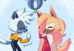 Size: 1314x914 | Tagged: safe, artist:star-vanguard, tangle the lemur, whisper the wolf, blue background, blushing, christmas outfit, cute, duo, eyes closed, lesbian, mistletoe, present, redraw, shipping, signature, simple background, smile, standing, tail hand, tangabetes, tangle x whisper, whispabetes