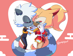 Size: 2048x1557 | Tagged: safe, artist:star-vanguard, tangle the lemur, whisper the wolf, abstract background, alternate outfit, christmas outfit, duo, eyes closed, hands on another's face, heart, kiss, lesbian, redraw, shipping, signature, standing, tangle x whisper