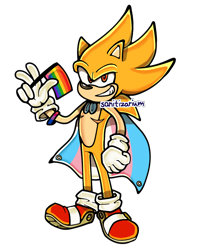 Size: 1000x1250 | Tagged: safe, artist:sanitizarium, sonic the hedgehog, super sonic, bisexual, bisexual pride, cape, gay pride, holding something, looking at viewer, pride, pride flag, signature, simple background, smile, solo, standing, super form, top surgery scars, trans male, trans pride, transgender, transparent background, uekawa style, v sign