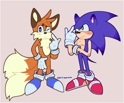 Size: 1800x1500 | Tagged: safe, artist:sanitizarium, miles "tails" prower, sonic the hedgehog, beige background, blue shoes, blushing, blushing ears, duo, kin, looking at viewer, looking offscreen, signature, simple background, standing, top surgery scars, trans male, transgender