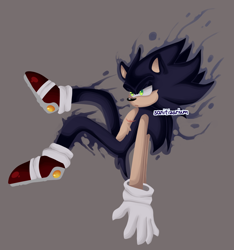Size: 1500x1600 | Tagged: safe, artist:sanitizarium, sonic the hedgehog, dark form, dark sonic, flying, frown, grey background, kin, lidded eyes, looking offscreen, signature, simple background, solo, top surgery scars, trans male, transgender