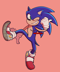 Size: 2048x2458 | Tagged: safe, artist:sanitizarium, sonic the hedgehog, leg up, looking at viewer, mid-air, red background, redraw, signature, simple background, smile, solo, thumbs up, top surgery scars, trans male, transgender, wink