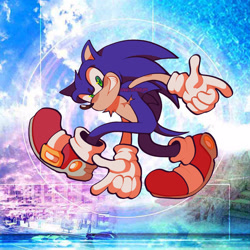 Size: 2048x2048 | Tagged: safe, artist:sanitizarium, sonic the hedgehog, sonic adventure, adventure pose, alternate version, box art, looking at viewer, pointing, redraw, signature, smile, solo, top surgery scars, trans male, transgender