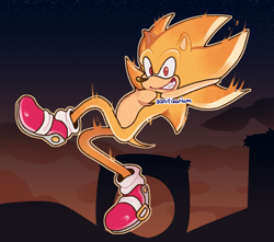 Size: 1700x1500 | Tagged: safe, artist:sanitizarium, sonic the hedgehog, super sonic, abstract background, arms behind head, flying, kin, loop, outdoors, outline, signature, smile, solo, super form, top surgery scars, trans male, transgender