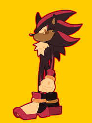 Size: 1200x1600 | Tagged: safe, artist:sanitizarium, shadow the hedgehog, blushing, clenched teeth, eyestrain, frown, looking at viewer, outline, simple background, solo, standing, tears, yellow background