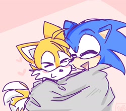 Size: 2048x1792 | Tagged: safe, artist:turrwuw, miles "tails" prower, sonic the hedgehog, 2024, blanket, blushing, cute, duo, gay, heart, mouth open, shipping, signature, sketch, smile, snuggling, sonabetes, sonic x tails, tailabetes