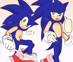 Size: 2048x1755 | Tagged: safe, artist:h0asov, sonic the hedgehog, ..., 2024, frown, holding something, lidded eyes, looking at viewer, mouth open, solo, speech bubble, standing