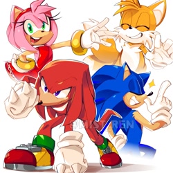 Size: 2000x2000 | Tagged: safe, artist:mistren, amy rose, knuckles the echidna, miles "tails" prower, sonic the hedgehog, 2024, eyes closed, group, signature, simple background, smile, sparkle, team sonic, white background