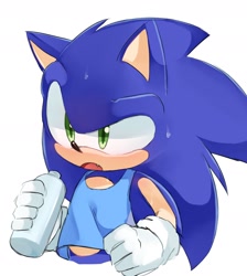 Size: 1700x1900 | Tagged: safe, artist:omoteaoi, sonic the hedgehog, 2024, bottle, looking offscreen, mario and sonic at the 2020 olympic games, mouth open, one fang, simple background, solo, sweatdrop, tank top, white background