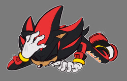 Size: 1500x966 | Tagged: safe, artist:aethiriarts, shadow the hedgehog, 2024, clenched teeth, eyes closed, grey background, hand on head, lying on front, outline, signature, simple background, solo