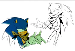 Size: 1391x952 | Tagged: safe, artist:chowadoe, sonic the hedgehog, 2024, fingergun, looking offscreen, simple background, smile, solo, sonic boom (tv), white background