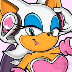 Size: 836x832 | Tagged: safe, artist:kore_eon, rouge the bat, headphones, icon, lidded eyes, looking at viewer, pink background, signature, simple background, smile, solo, uekawa style