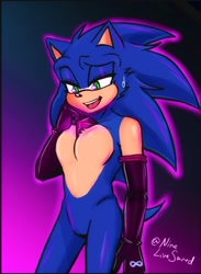 Size: 1280x1751 | Tagged: safe, artist:ninelivesaved, sonic the hedgehog, sonic forces, alternate outfit, alternate universe, evil sonic, gradient background, lidded eyes, long gloves, mouth open, outline, phantom ruby, signature, smile, solo, standing, sweatdrop