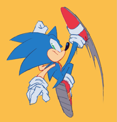 Size: 631x654 | Tagged: safe, artist:dreddstarin, sonic the hedgehog, 2024, kicking, looking at viewer, looking back, looking back at viewer, mid-air, simple background, smile, solo, yellow background