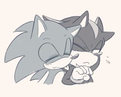 Size: 1610x1287 | Tagged: safe, artist:no1inprticular, shadow the hedgehog, sonic the hedgehog, 2024, cute, duo, eyes closed, frown, gay, greyscale, monochrome, nuzzle, shadow x sonic, shipping, simple background, smile