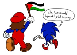Size: 1355x974 | Tagged: safe, artist:fireyocean92, sonic the hedgehog, 2024, country flag, dialogue, duo, english text, flag, flat colors, free palestine, holding something, mario, mario & sonic at the olympic games, palestine flag, simple background, speech bubble, walking, walking away, white background