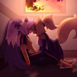 Size: 2048x2048 | Tagged: safe, artist:alwix_tweet, tangle the lemur, whisper the wolf, human, 2024, abstract background, duo, eyes closed, humanized, imminent kissing, indoors, kneeling, lesbian, mouth open, shipping, sitting, sunset, tangle x whisper, window