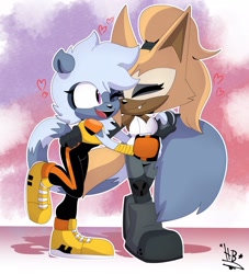 Size: 1860x2048 | Tagged: safe, artist:buddyhyped, tangle the lemur, whisper the wolf, 2023, cute, duo, eyes closed, heart, hugging, lesbian, looking at them, mouth open, outline, shipping, signature, smile, standing, standing on one leg, tail hug, tangabetes, tangle x whisper, whispabetes, wink