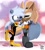 Size: 1860x2048 | Tagged: safe, artist:buddyhyped, tangle the lemur, whisper the wolf, lemur, wolf, 2023, cute, duo, eyes closed, female, heart, hugging, lesbian, looking at them, mouth open, outline, shipping, signature, smile, standing, standing on one leg, tail hug, tangabetes, tangle x whisper, whispabetes, wink