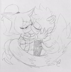 Size: 2022x2048 | Tagged: safe, artist:sonicrelated, tangle the lemur, whisper the wolf, 2022, 2024, blushing, duo, eyes closed, holding each other, kiss, lesbian, line art, pencilwork, shipping, standing, tangle x whisper, traditional media, wrapped in tail