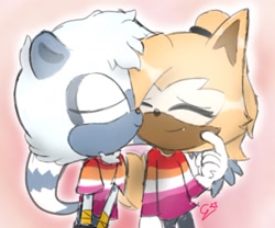 Size: 954x795 | Tagged: safe, artist:gvtheredstar, tangle the lemur, whisper the wolf, 2022, alternate outfit, chibi, cute, dawww, duo, kiss on cheek, lesbian, lesbian pride, pride, shipping, shirt, signature, smile, standing, tangabetes, tangle x whisper, whispabetes