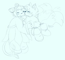 Size: 2048x1900 | Tagged: safe, artist:sonicattos, cosmo the seedrian, miles "tails" prower, alternate outfit, blue background, blushing, clothes, cosmobetes, cute, duo, ear fluff, eyes closed, half r63 shipping, holding hands, kiss on cheek, lesbian, line art, shipping, shirt, shorts, simple background, sitting, sketch, smile, tailabetes, tailsmo, trans female, transgender