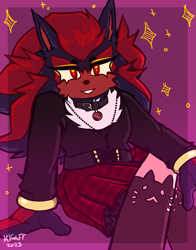 Size: 799x1021 | Tagged: safe, artist:kigut, shadow the hedgehog, 2024, alternate outfit, belt, border, cheek fluff, choker, clothes, gloves off, headcanon, looking at viewer, pentagram, purple background, signature, simple background, sitting, skirt, smile, solo, sparkles, stockings, sweater, trans female, transfeminine, transgender