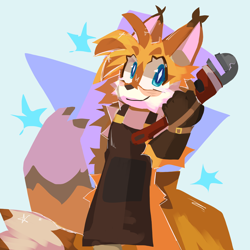 Size: 2048x2048 | Tagged: safe, artist:m3tr0n0m333, miles "tails" prower, apron, blushing, holding something, looking at viewer, older, smile, solo, standing, wrench
