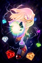 Size: 2005x3000 | Tagged: safe, artist:spacecolonie, knuckles the echidna, 2023, chaos emerald, energy ball, flying, hyper form, hyper knuckles, lineless, looking offscreen, mouth open, sharp teeth, signature, solo