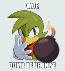 Size: 1193x1316 | Tagged: safe, artist:spacecolonie, bean the dynamite, bomb, english text, grey background, looking at viewer, meme, signature, simple background, solo, throwing
