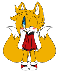 Size: 477x582 | Tagged: safe, artist:doodlefoxx, miles "tails" prower, 2014, alternate outfit, blushing, cute, ear fluff, eye clipping through hair, flat colors, hoodie, looking up, one eye closed, simple background, smile, solo, standing, tailabetes, transparent background, wink