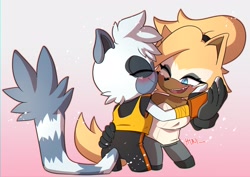 Size: 3508x2480 | Tagged: artist needed, safe, tangle the lemur, whisper the wolf, blushing, cute, duo, eyes closed, gradient background, hand on another's face, hand on another's hip, lesbian, one eye closed, shipping, signature, smile, sparkles, standing, tangabetes, tangle x whisper, whispabetes